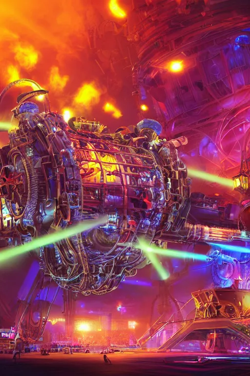 Image similar to a concert poster, tourname is invasion of the tripmachines, realistic digital art, 3 d render of two huge futuristic steampunk generators inside a steampunk machinery, 8 k, fluorescent colors, halluzinogenic, multicolored, exaggerated detailed, unreal engine