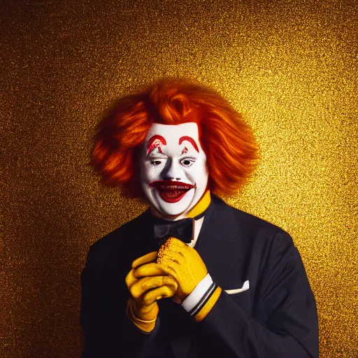 Prompt: extremely detailed studio portrait of ronald mcdonald surrended by gold, soft light, golden glow, award winning photo, 4 k