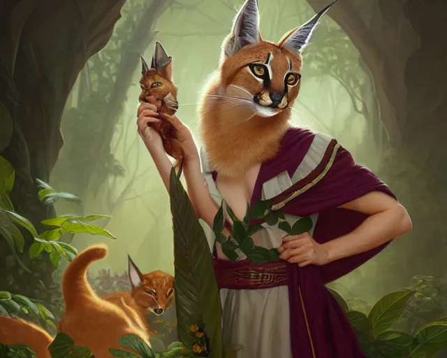 Image similar to a cute caracal wearing laurel wreath and a toga, photography of kurzgesagt, deep focus, d & d, fantasy, intricate, elegant, highly detailed, digital painting, artstation, concept art, matte, sharp focus, illustration, hearthstone, art by artgerm and greg rutkowski and alphonse mucha