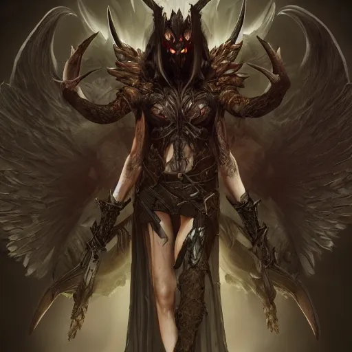 Image similar to a demon hunter with demonic wings, au naturel, hyper detailed, digital art, trending in artstation, cinematic lighting, studio quality, smooth render, unreal engine 5 rendered, octane rendered, art style by klimt and nixeu and ian sprigger and wlop and krenz cushart