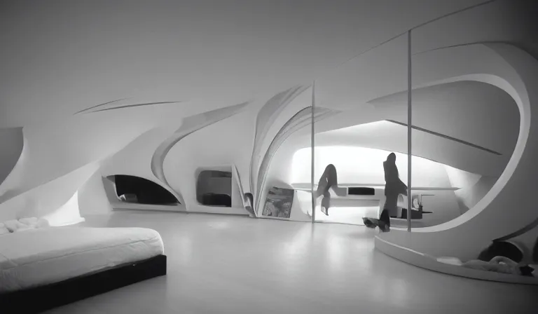 Image similar to A bedroom designed by Zaha Hadid, 35mm film, long shot