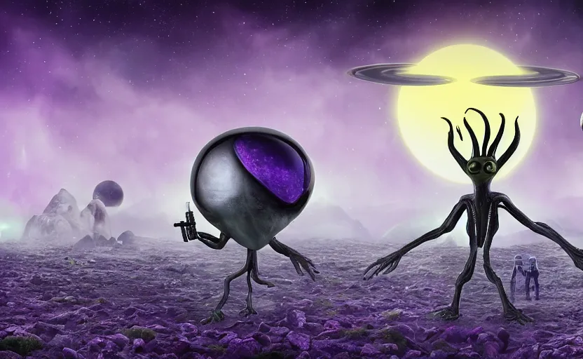 Prompt: big-headed grey alien with large black eyes holding an energy rifle on an alien planet with purple soil, green sky, blue and yellow fauna, alien creatures in the background, highly detailed, high quality, HD, 4k, 8k, Canon 300mm, professional photographer, 40mp, lifelike, top-rated, award winning, realistic, sharp, no blur, edited, corrected, trending