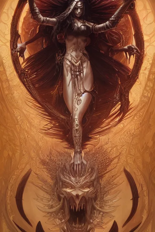 Image similar to ultra realistic illustration, asmodeus from diablo and baldurs gate, intricate, elegant, highly detailed, digital painting, artstation, concept art, smooth, sharp focus, illustration, art by artgerm and greg rutkowski and alphonse mucha