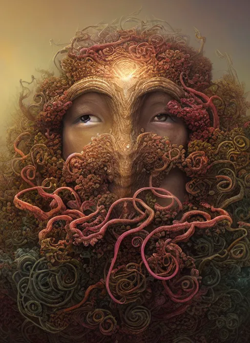 Image similar to Helmet of a forgotten Deity, corals, ribbons of seaweed, extremly detailed digital painting, in the style of Tomasz Alen Kopera and Fenghua Zhong and Peter Mohrbacher, mystical colors, rim light, beautiful lighting, 8k, stunning scene, raytracing, octane, trending on artstation