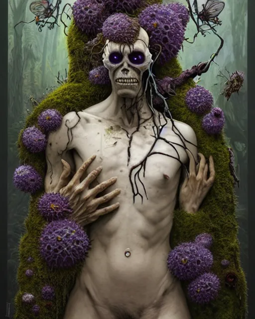 Prompt: the platonic ideal of flowers, rotting, moss, insects, pearls and praying of cletus kasady ultimate carnage thanos dementor doctor manhattan chtulu nazgul davinci, detailed, intricate, hyperrealism, cinematic composition, intense, scary, decay, dmt, art by brock hofer and artgerm and greg rutkowski and alphonse mucha