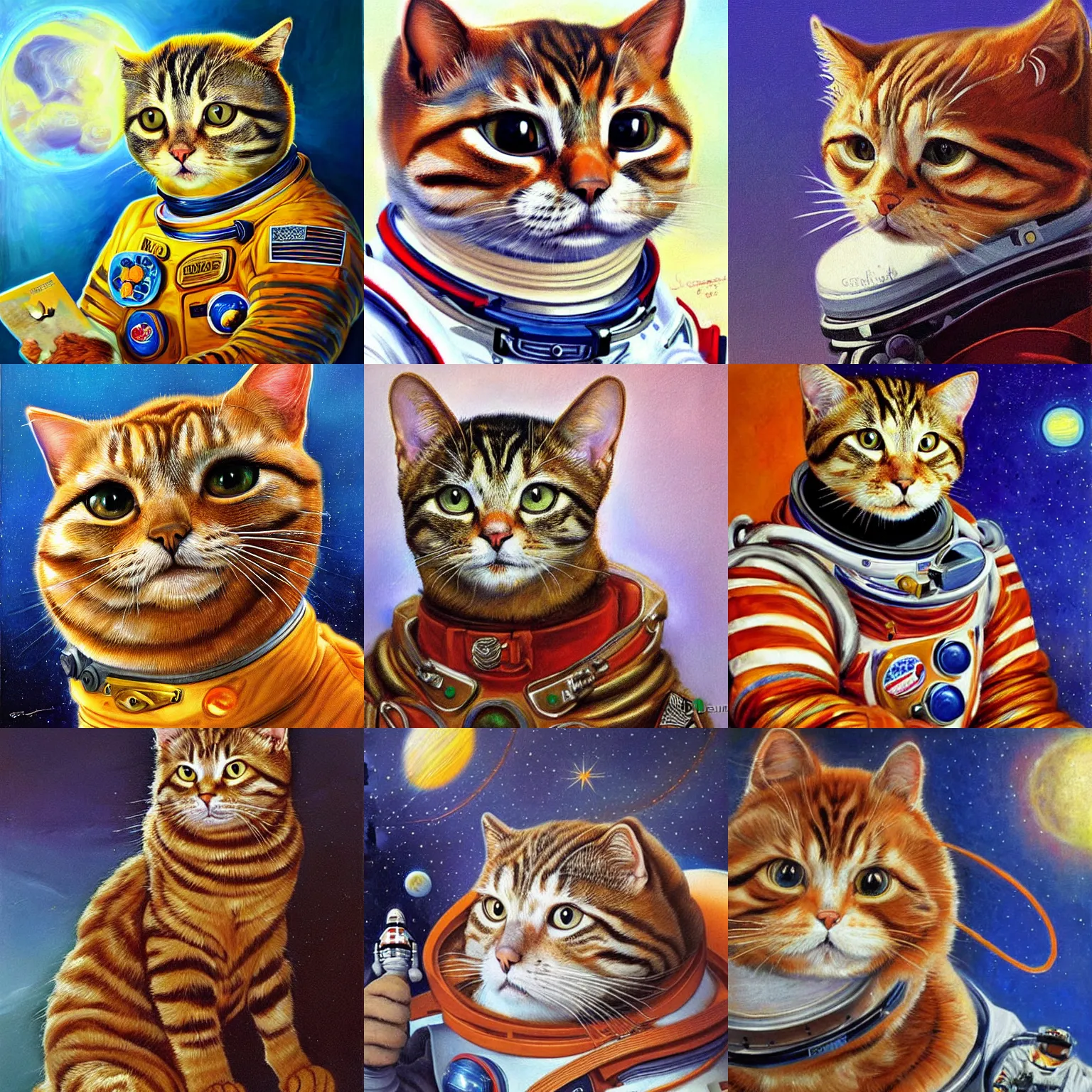 Prompt: masterpiece portrait of Cosmonaut Garfield the cat, by James Gurney