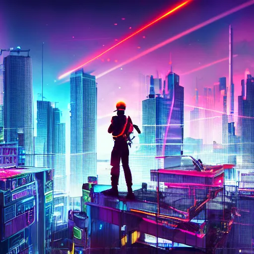 Prompt: Neon city, soldier standing on roof of large building, looking over city, Colorfull, cyberpunk, high detail, photo realistic, art station