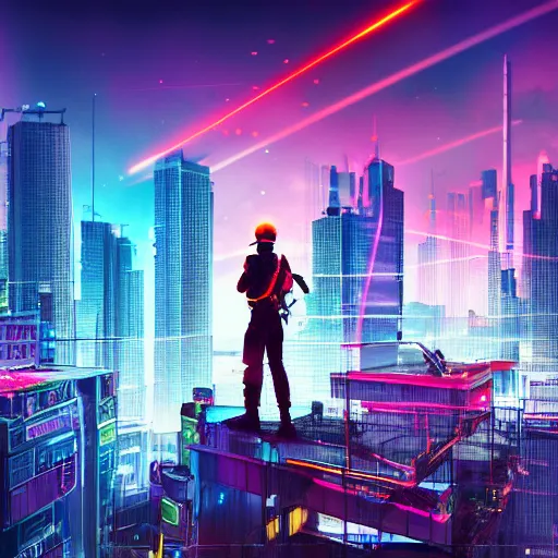 Man needlessly standing on roof overlooking cyberpunk city posing