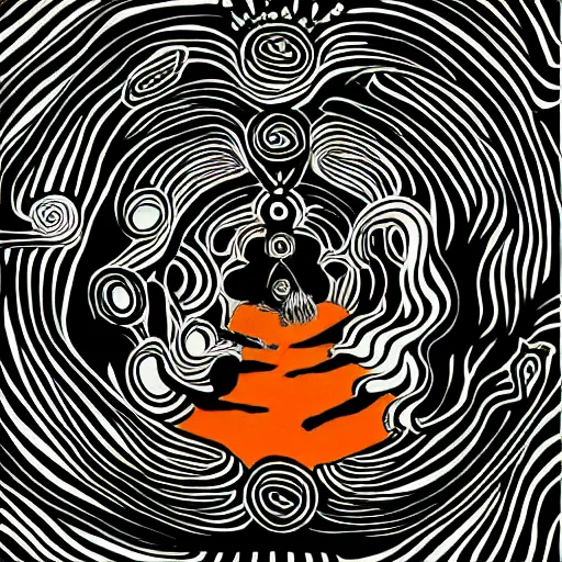 Image similar to post - punk new age album cover, black, white, orange, psychedelic, magic, deforge michael