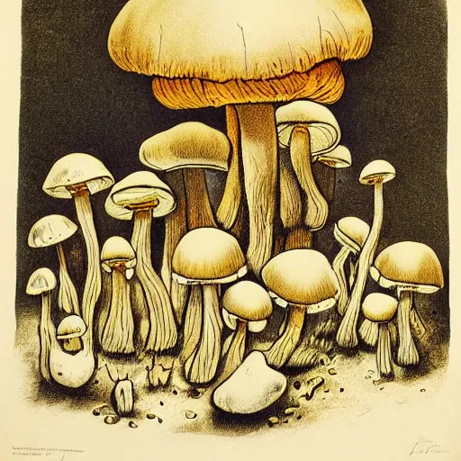 Prompt: mushrooms lithograph by adolphe millot