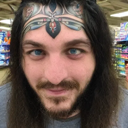 Image similar to “ long haired man with face tattoos working at walmart ”