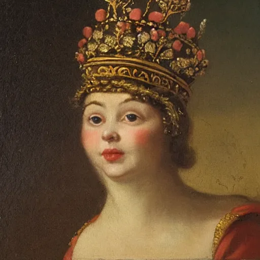 Prompt: a rabbit wearing a crown dressed as a queen, 18th century oil painting