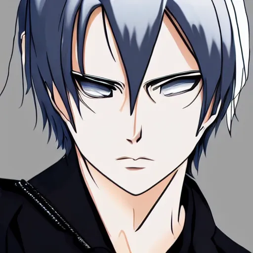 Image similar to an emotionless anime boy with silver hair that's slicked back and pure black eyes in anime art style, detailed