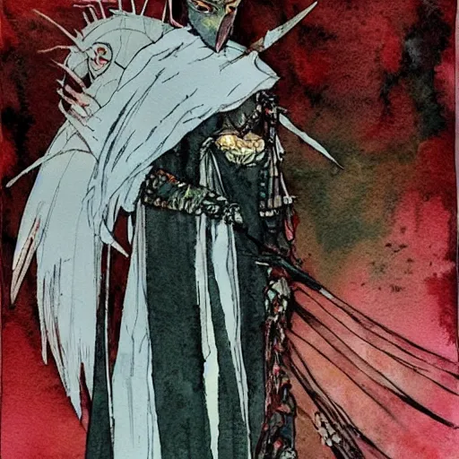 Image similar to watercolor, final fantasy tactics character, masked, martian, artwork by harry clarke, shrouded