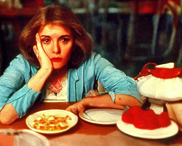 Image similar to 1 9 7 9 a soviet movie still a russian woman sitting at a table with a plate of food in dark warm light, a character portrait by nadya rusheva, featured on cg society, neo - fauvism, movie still, 8 k, fauvism, cinestill, bokeh, zenit 3 5 mm slr