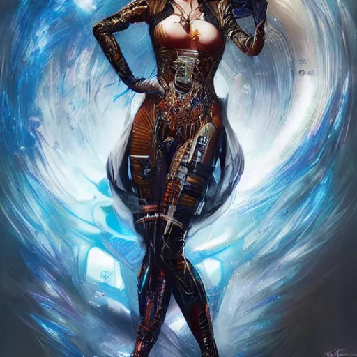 Prompt: a full body beautiful woman wearing a cyberpunk outfit by karol bak, ayami kojima, artgerm, sakimichan, arabian beauty, blue eyes, smile, concept art, fantasy