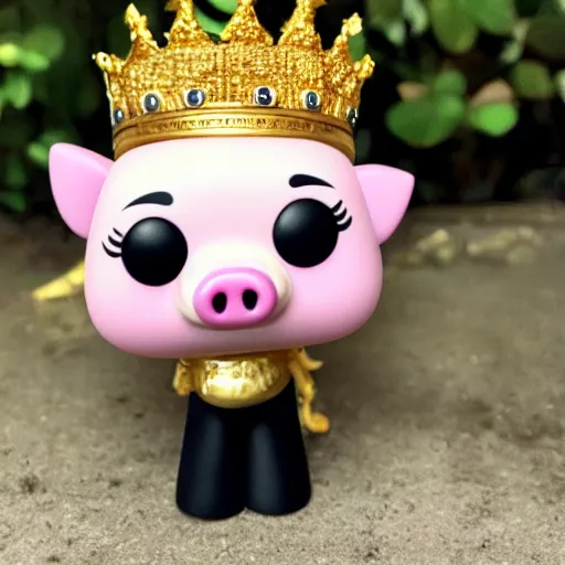 Image similar to A funko pop of a bag of a pig in a gold crown