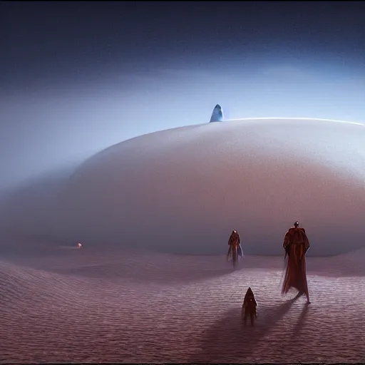 Prompt: Michael Whelan art directs Dune, hyper detailed complex set, veil in the fog, photorealistic, 3d render, award winning render, unreal engine, octane render, studio lighting, 8k, hd