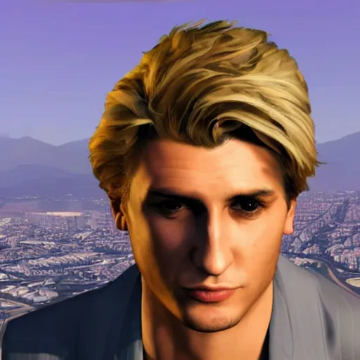 Image similar to closeup of handsome gigachad XQC as a GTA character in a loading screen