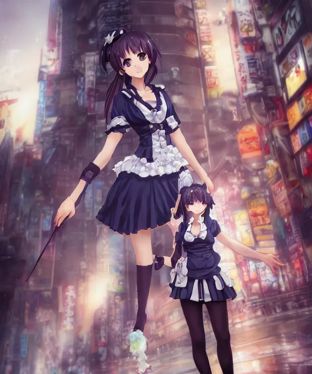Prompt: anime maid handing out flyers in akihabara by charlie bowater and titian and artgerm, full - body portrait, intricate, face, tokyo street cityscape, elegant, beautiful, highly detailed, dramatic lighting, sharp focus, trending on artstation, artstationhd, artstationhq, unreal engine, 4 k, 8 k