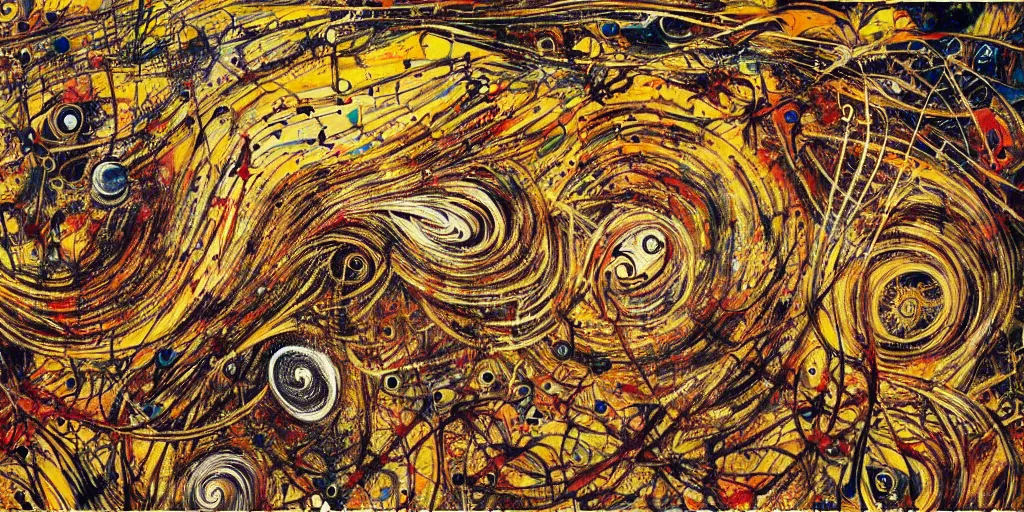 Image similar to an intricate and complex abstract painting with a lot of stains, golden threads, brown holes, surreal style, colorful, hyper detailed, jackson pollock,