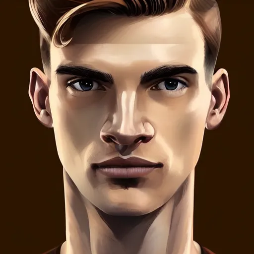 Image similar to tall man in his twenties with brown blond short quiff hair and slightly round facial structure with cleft chin, straight eyebrows and prominent nose, good definition of cheekbones, big hazel nut brown eyes, narrow face, slim body, atmospheric lighting, painted, intricate, 4 k, highly detailed by charlie bowater