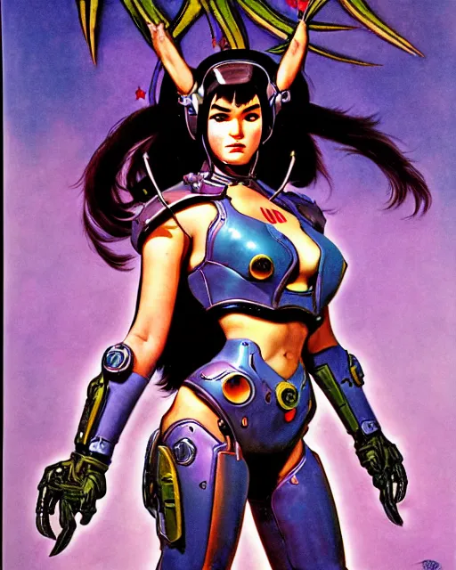 Image similar to d. va from overwatch, heavey metal magazine cover, in the style of r. giger, frank frazetta, and esteban maroto