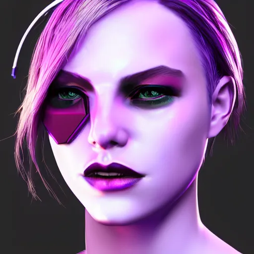 Image similar to headshot artwork of a cyberpunk woman wearing thick steel choker around neck, 4K, detailed face, collar on neck, realistic, artstation, neon purple, purple,