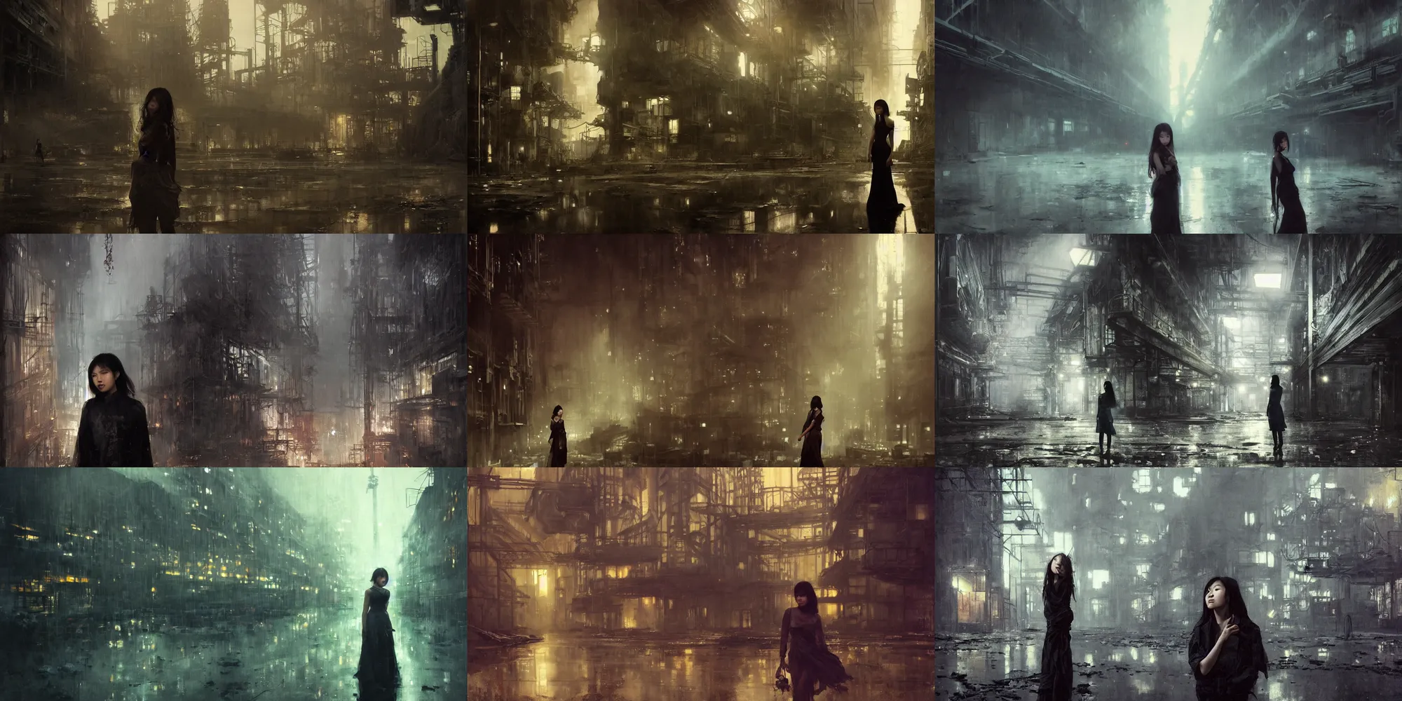 Prompt: a beautiful young asian woman in abandoned industrial city at night, towering factories, desolate, dark moody lighting, by jeremy mann and alphonse mucha, dramatic lighting, ethereal, stunning, breathtaking, awe - inspiring award - winning, 8 k