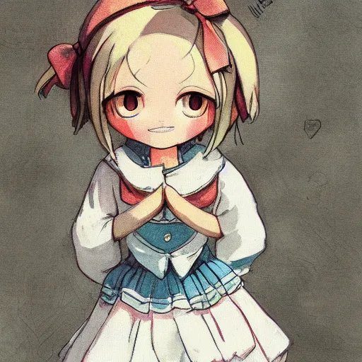 Prompt: little girl with an small curvy blonde hair wearing an sailor suit, artwork in made in abyss art style, inspired in balthus, high details