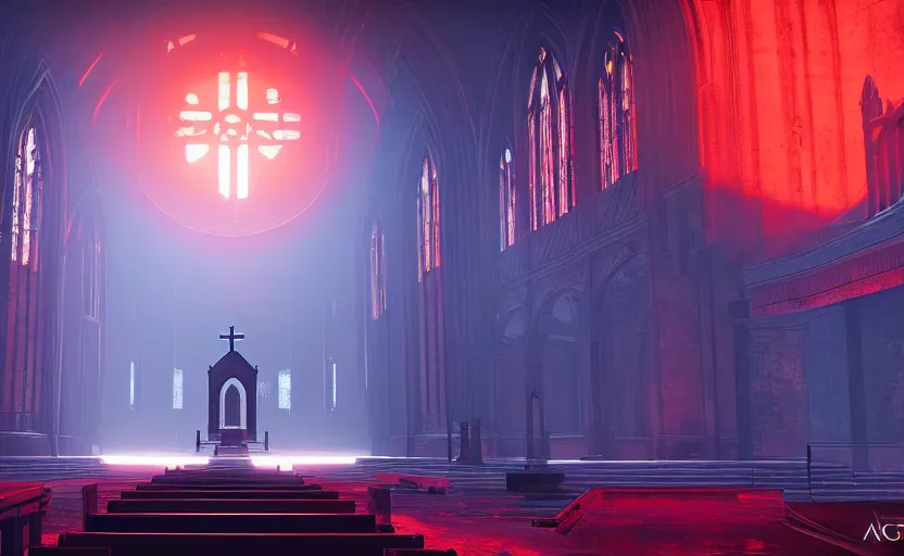 Image similar to symmetrical, ancient church of worship with red shafts of light in destiny 2, foggy, liminal, dark, dystopian, beautiful architecture, abandoned, highly detailed 4 k 6 0 fps destiny 2 expansion promotional poster, reveal image gameinformer