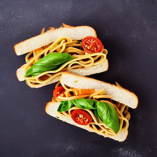 Prompt: photo of a pasta sandwich, professional, studio, marco, 4 k