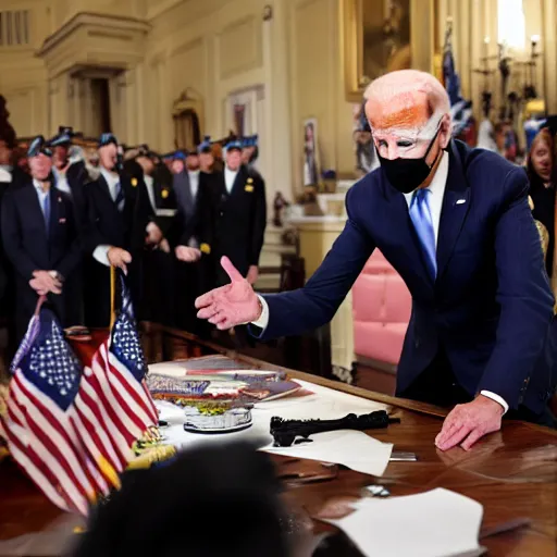 Prompt: Joe Biden commanding the Chaos Hordes to unleash otherwordly horrors