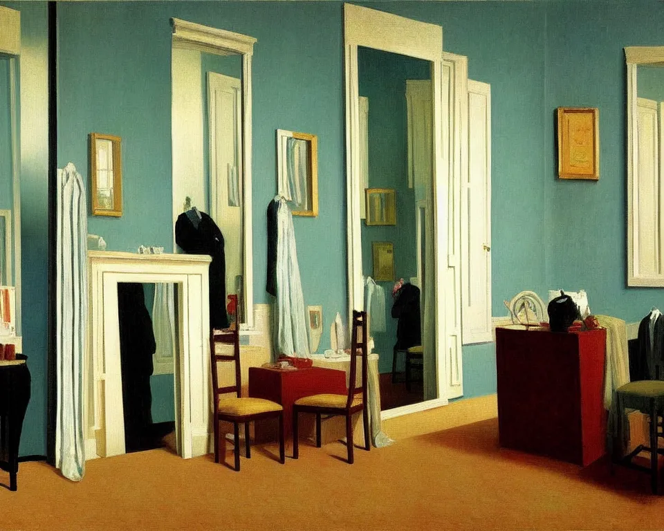 Image similar to achingly beautiful painting of a sophisticated, well - decorated dressing room by rene magritte, monet, and turner.