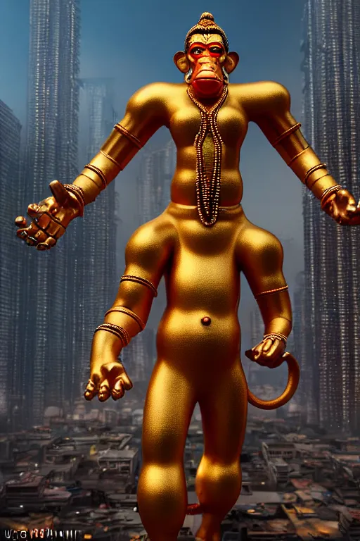 Image similar to high quality 3 d render ultra realistic cyborg hanuman! with gold nose piercings, cyberpunk highly detailed, mumbai in the background, unreal engine cinematic smooth, in the style of blade runner & solaris, hannah yata charlie immer, moody light, low angle, uhd 8 k, sharp focus