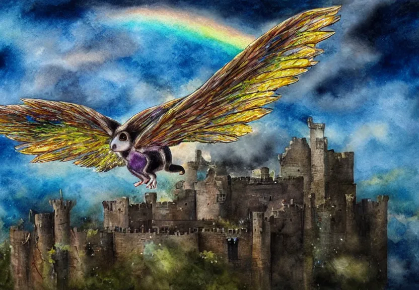 Image similar to legendary rainbow winged possum flying over a medieval castle at night under the dark starred sky, dark fantasy, watercolor, dreaming illusion, highly detailed, 4k, trending on Artstation