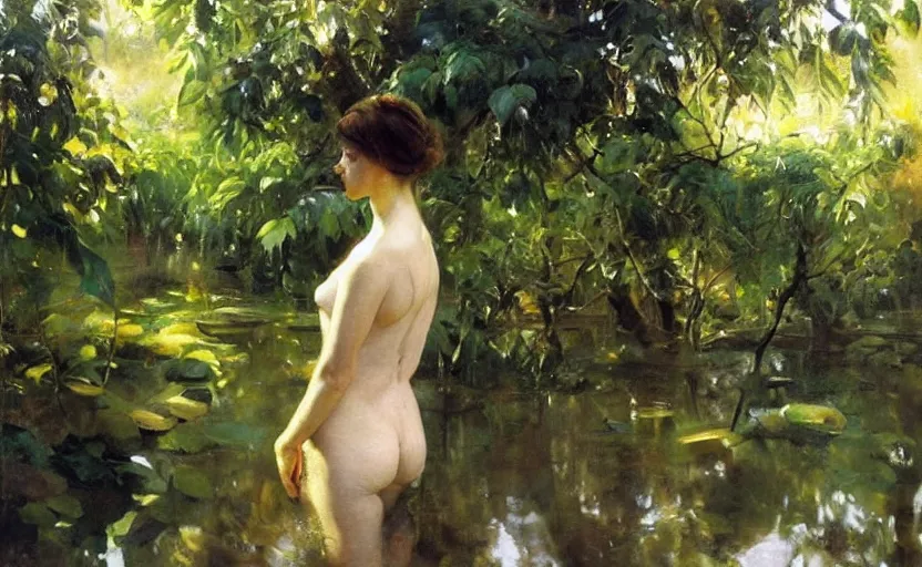 Image similar to oil painting lanscape by anders zorn, jungle nature, fruit trees, very very very very beautiful art, dramatic light, water reflections, female model