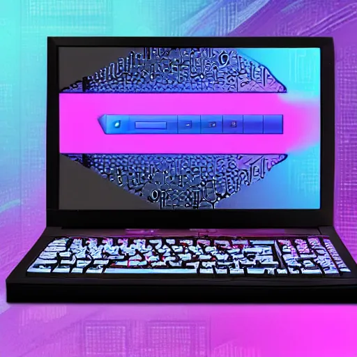 Prompt: vaporwave retro linux laptop with external gamer keyboard and mouse