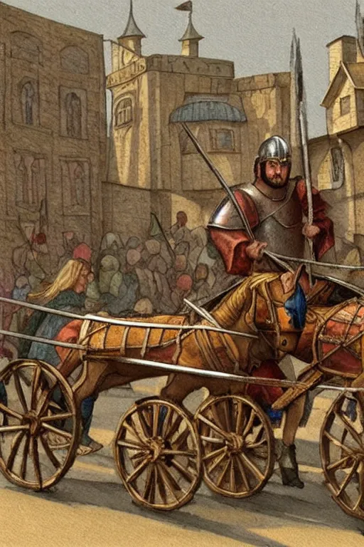 Image similar to ( ( ( ( ( ( ( a medieval chariot riding through town ) ) ) ) ) ) ) by chris mcgrath!!!!!!!!!!!!!! muted colors, detailed