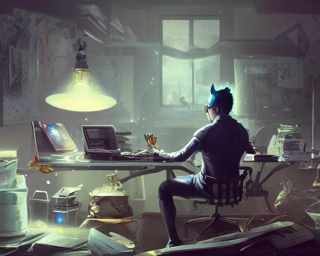 Image similar to an insanely detailed painting of a nerdy asian man wearing a superhero costume, sitting at a desk, staring at the nervously at the computer and typing, in the style of peter mohrbacher, dramatic lighting and composition, octane render, pixar, trending on artstation, concept art, comic book, view from behind