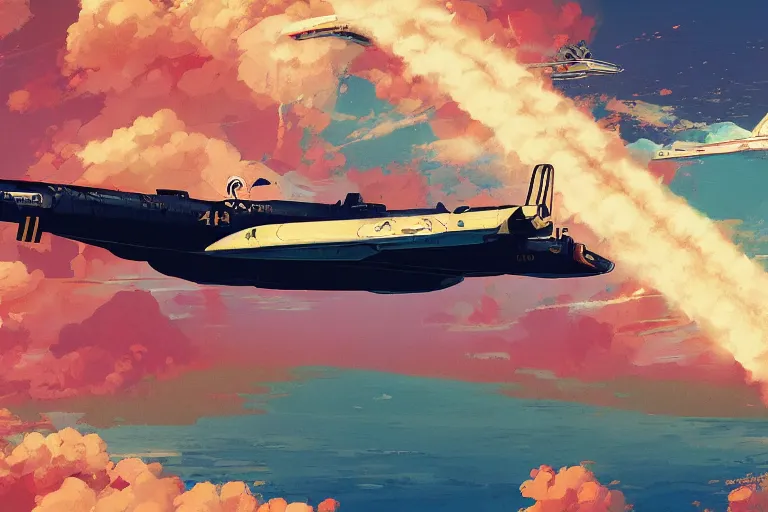Image similar to dieselpunk digital illustration of a rocket ekranoplan low across a tropical gulf by makoto shinkai, ilya kuvshinov, lois van baarle, rossdraws, basquiat