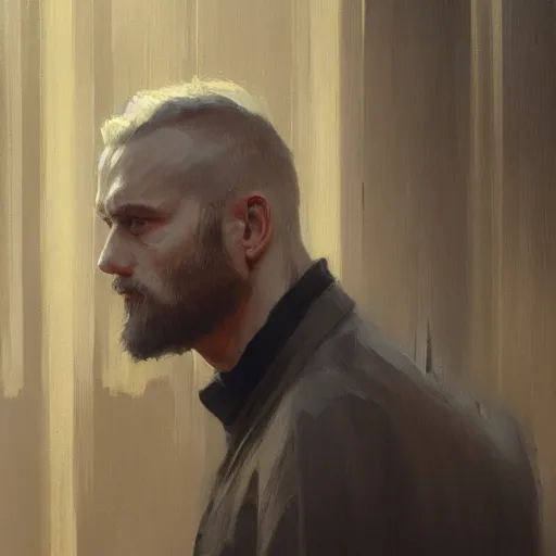 Image similar to A detailed oil painting of a priest in his thirties, sharp and angular face, dirty blonde hair reaching the shoulders, by Greg Rutkowski, trending on artstation