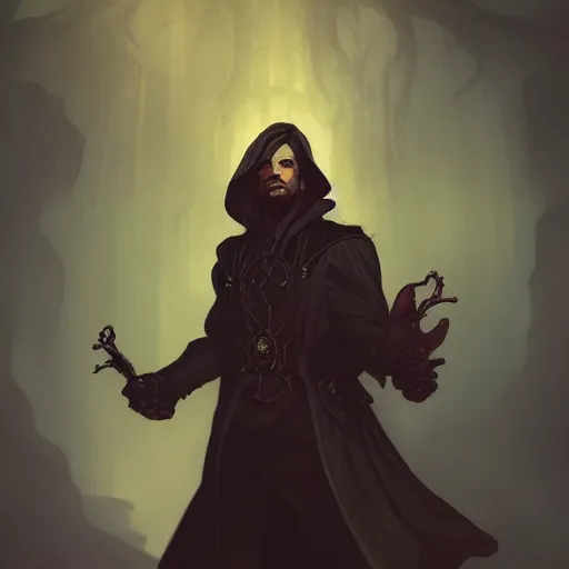 Image similar to a male warlock posing for photo , dynamic pose, natural lighting, medium level shot, Mucha style , Grim fantasy, illustration ,concept art,