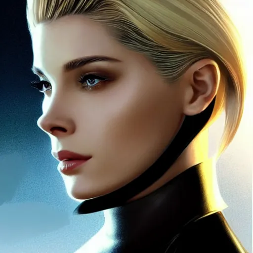 Image similar to A combination of Ashley Greene's and Ada Wong's and Grace Kelly's appearances with blonde hair wearing Forerunner armor from Halo, high tech, action shot, angular, full body portrait, futuristic, dramatic, fantasy, intricate, elegant, highly detailed, artstation, matte, sharp focus, 8K, art by Artgerm and Greg Rutkowski and Alphonse Mucha