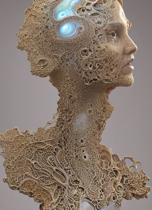 Image similar to opalescent marble sculpture of beautiful woman, glistening, mandelbulb, hypercube, ivory carving, fractal paisley inlay, lace, intricate, gold inlay, metallic, elegant, highly detailed, ivory, artgerm, lace, by ruan jia and greg rutkowski