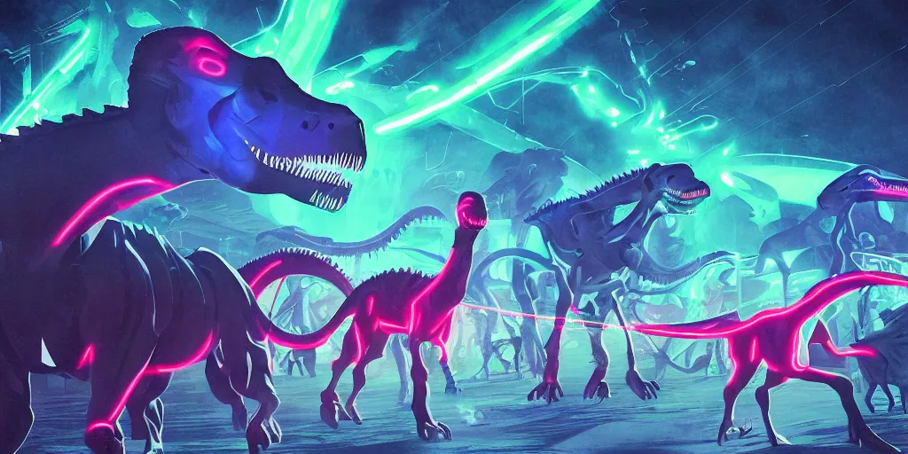 Image similar to neon laser dinosaurs at the county fair by makoto shinkai