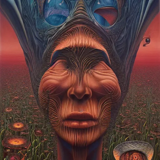 Prompt: her eyes wide by jacek yerka, alex gray, zdzisław beksiński, dariusz zawadzki, jeffrey smith and h.r. giger, oil on canvas, 8k highly professionally detailed, trending on artstation