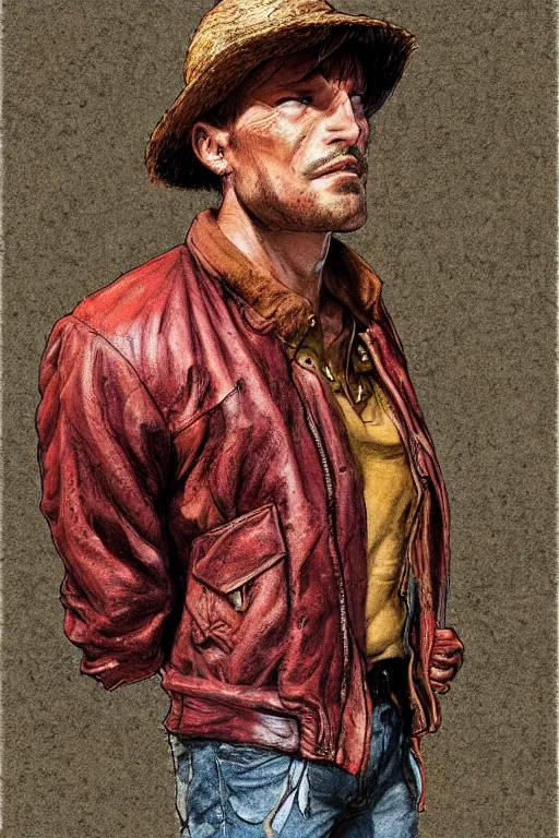 Prompt: character design, reference sheet, 40's adventurer, unshaven, optimistic, stained dirty clothing, straw hat, heavy boots, red t-shirt, dusty brown bomber leather jacket, detailed, concept art, photorealistic, hyperdetailed, , art by Frank Frazetta