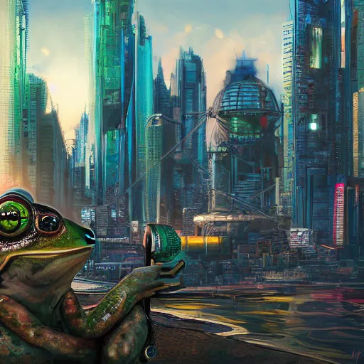 Image similar to frog looking over cyberpunk city, highly detailed, digital painting, hdr, raytracing, art by george warner allen, henry anderton