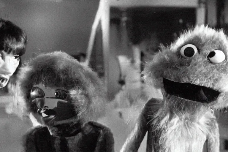 Prompt: a glitchy frame from a horrific live action 1 9 7 9 kids show about unnatural furry puppets